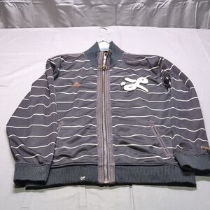 LRG Mens Logo Gray White Striped Bomber Jacket Sweater Full‎ Zip Size XL